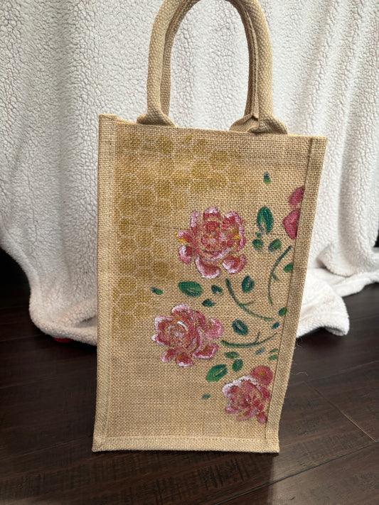 Wine Bag- Hand Painted on Upcycled Jute Bag