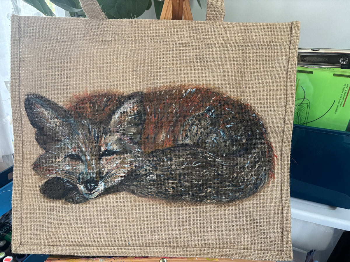 Foxy Lady - Wearable Painting on Upcycled Jute Bag