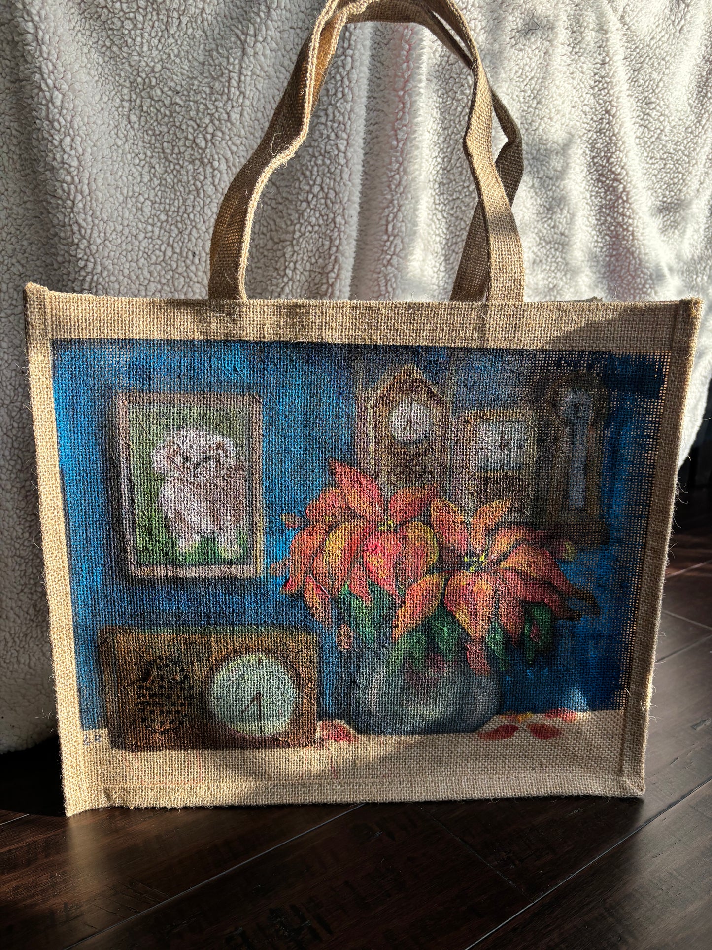 Time- Hand Painted on Upcycled Jute Bag