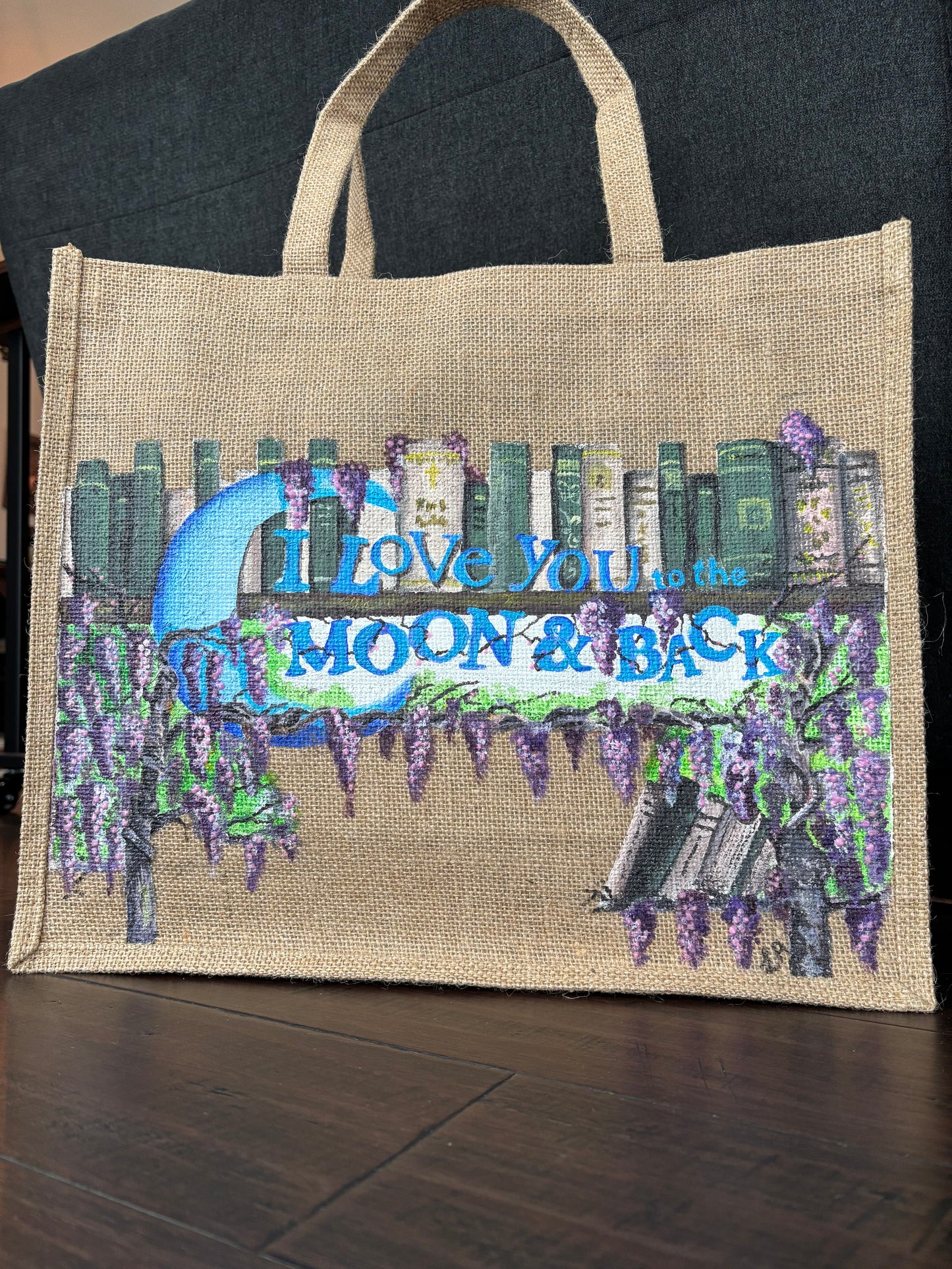 To the Moon & Back - Painting on UpcycledJute Bag