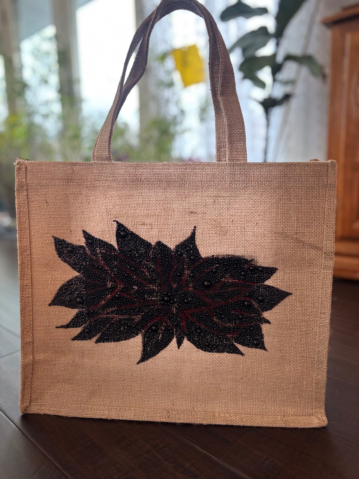 Black Pearls - hand made stylish design on Upcycled Jute bag. Valentine Gift