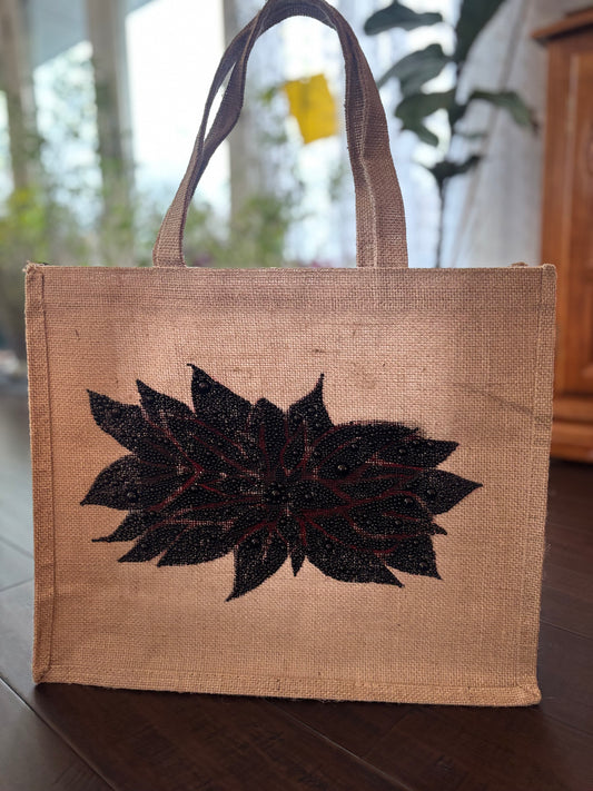 Black Pearls - hand made stylish design on Upcycled Jute bag. Valentine Gift