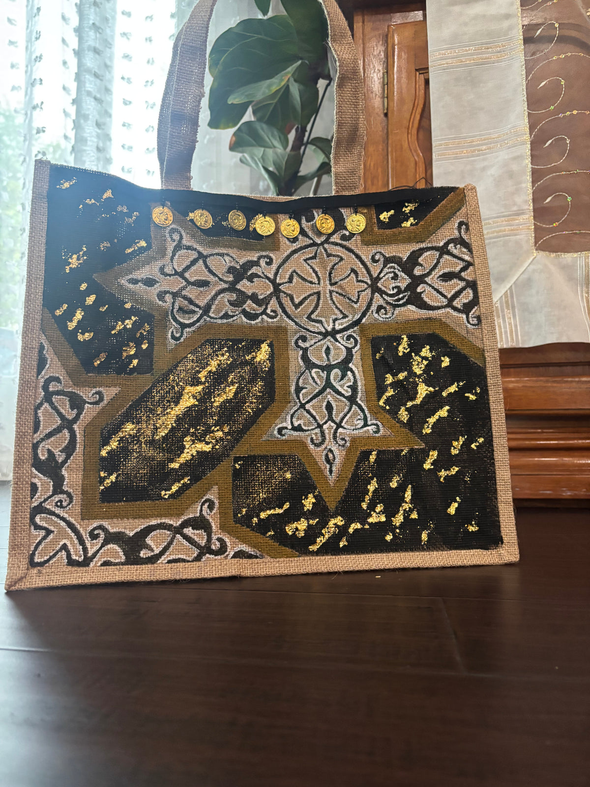 Coptic - Mixed Media Painting on Upcycled Jute Bag