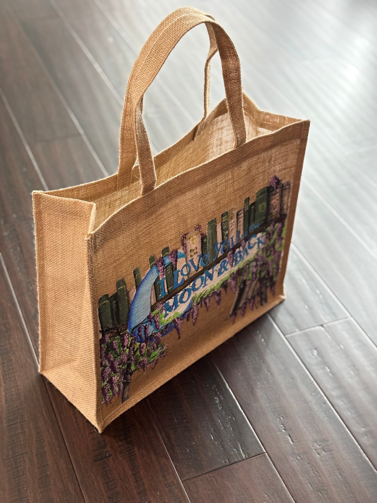 To the Moon & Back - Painting on UpcycledJute Bag