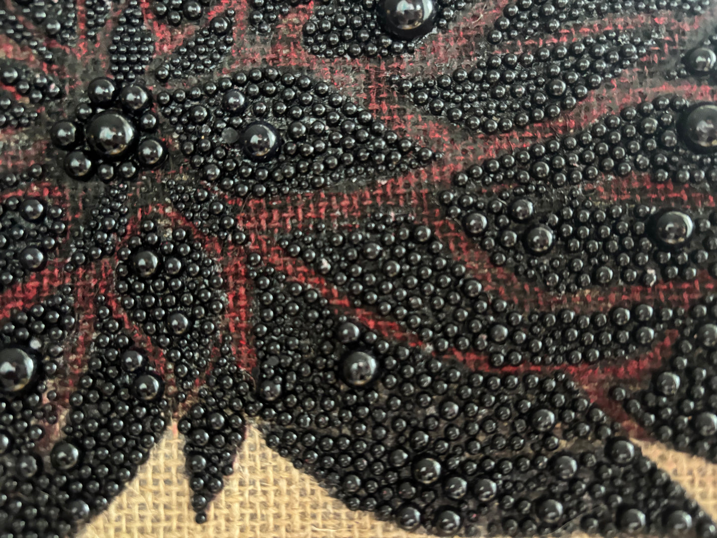 Black Pearls - hand made stylish design on Upcycled Jute bag. Valentine Gift