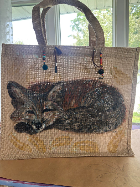 Foxy Lady - Wearable Painting on Upcycled Jute Bag