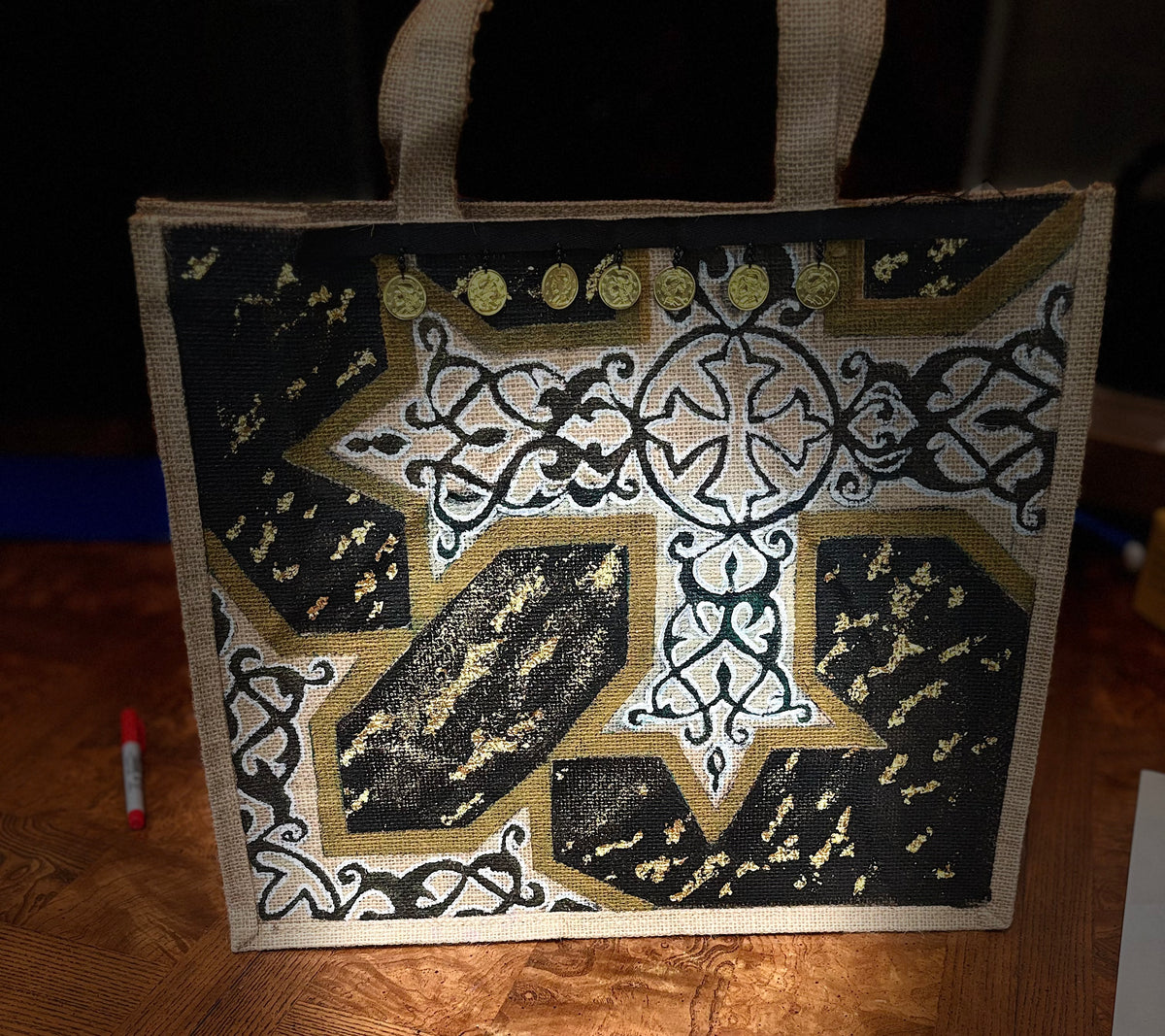 Coptic - Mixed Media Painting on Upcycled Jute Bag