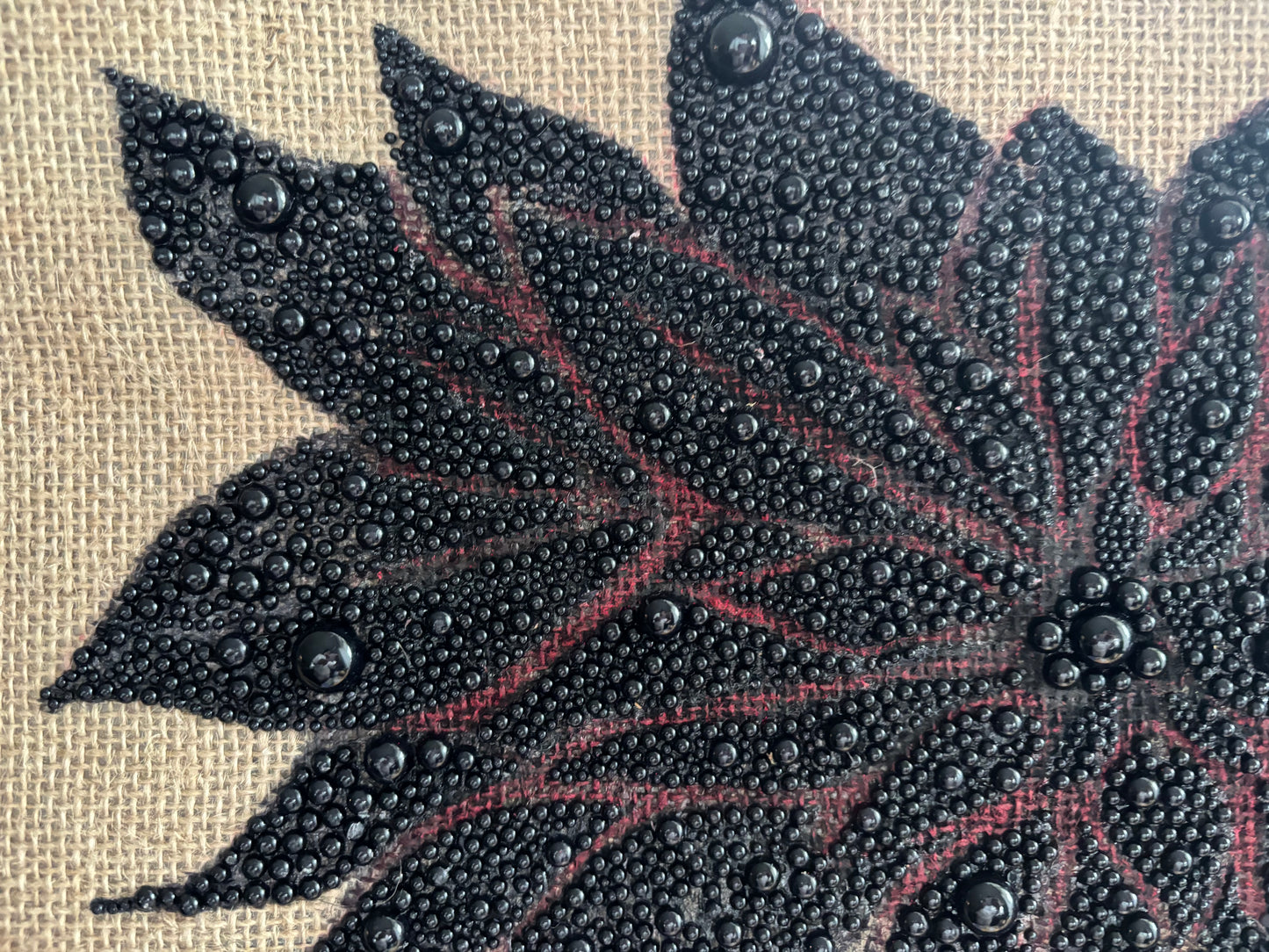 Black Pearls - hand made stylish design on Upcycled Jute bag. Valentine Gift