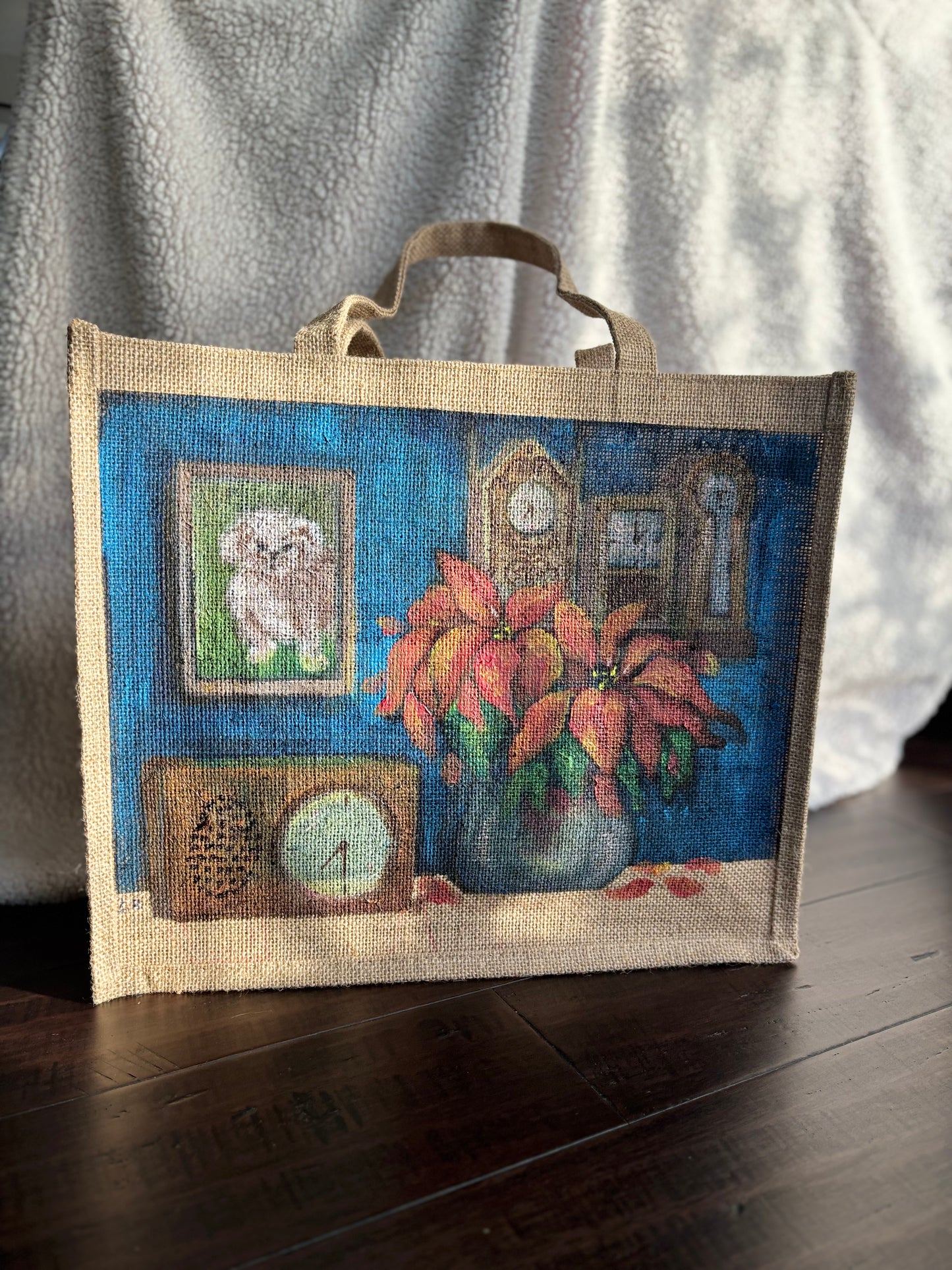 Time- Hand Painted on Upcycled Jute Bag