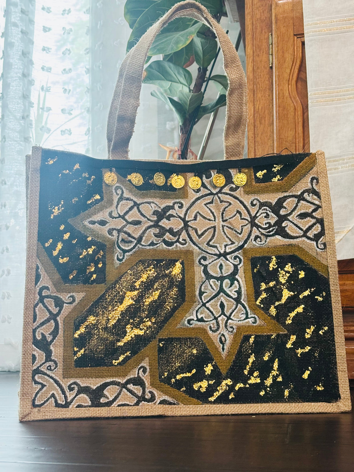 Coptic - Mixed Media Painting on Upcycled Jute Bag