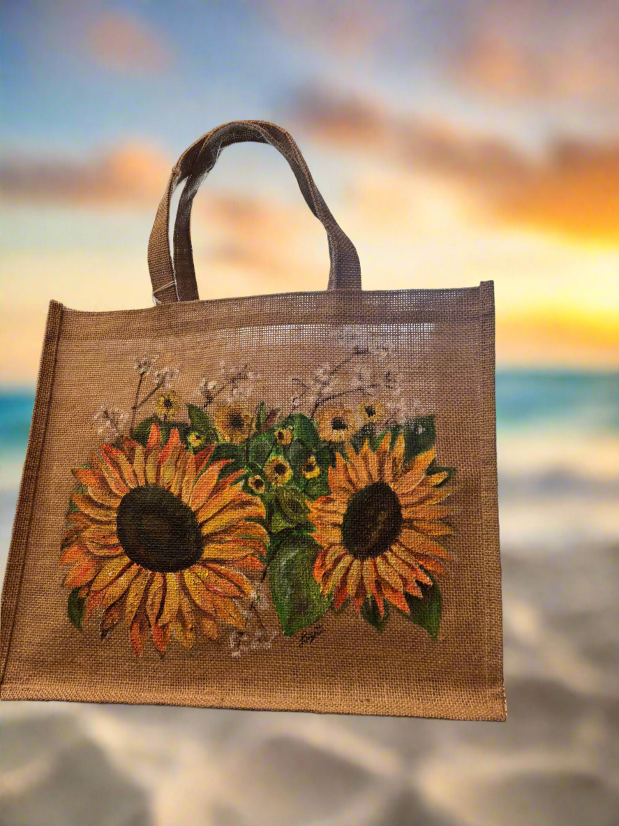Sunflower Power - Hand Painted on Upcycled Jute Bag