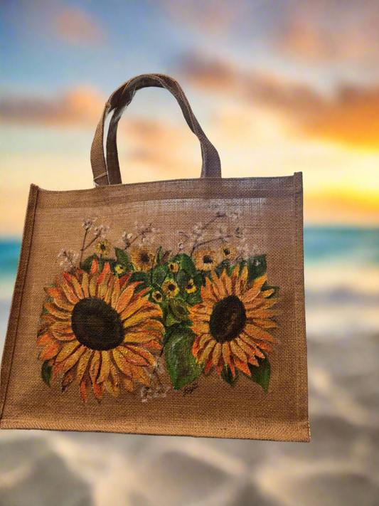 Sunflower Power - Hand Painted on Upcycled Jute Bag