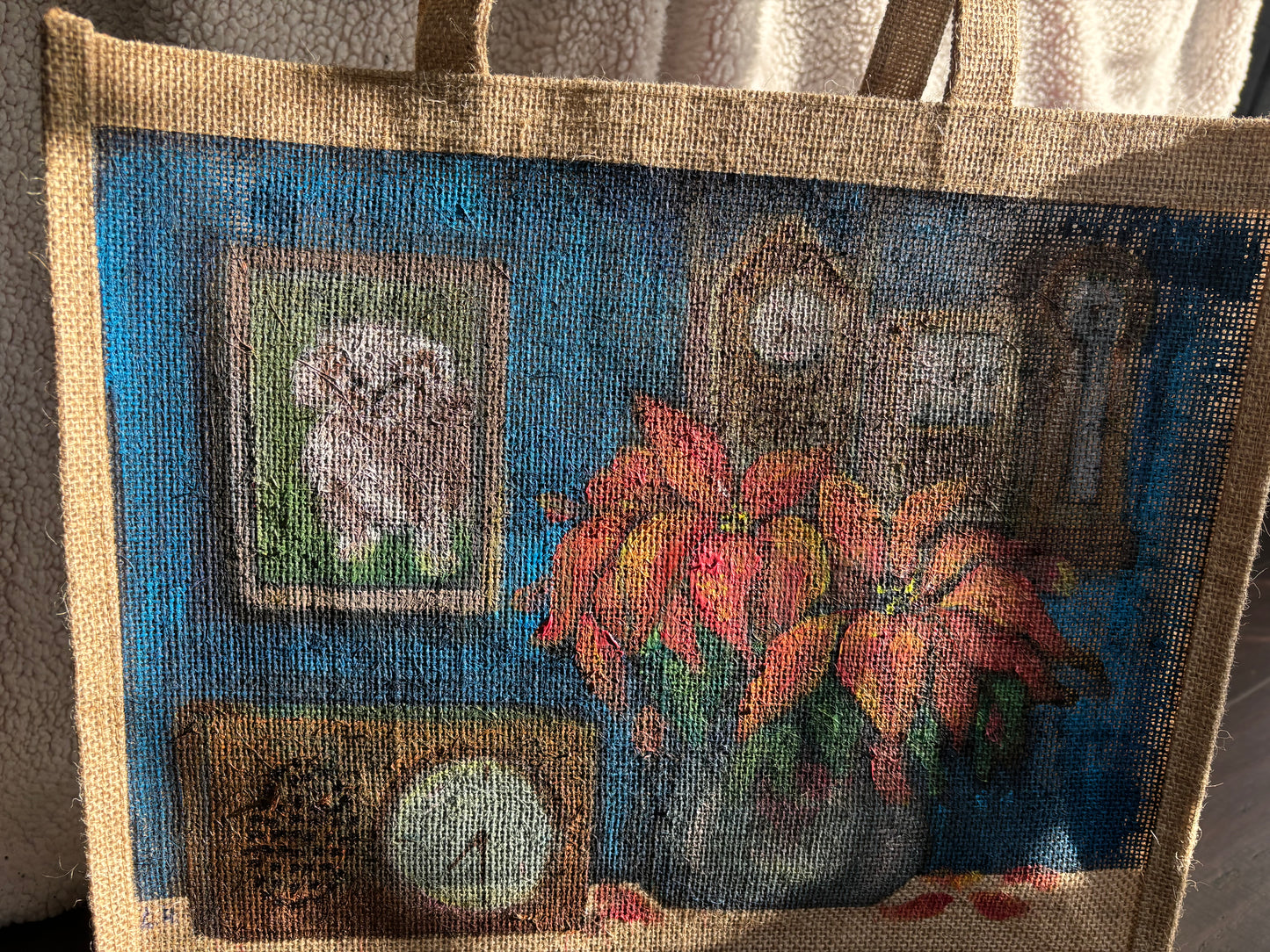 Time- Hand Painted on Upcycled Jute Bag