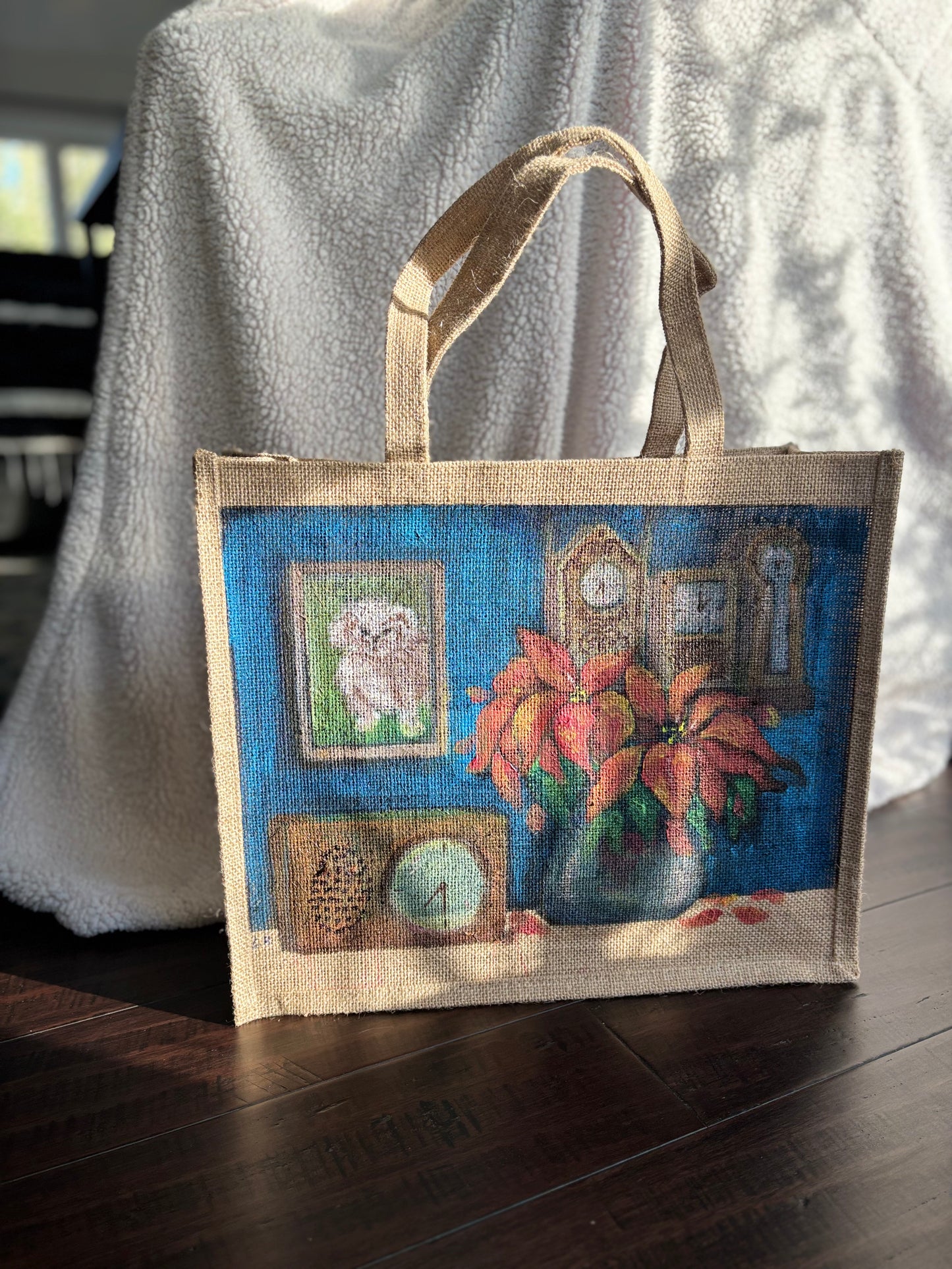 Time- Hand Painted on Upcycled Jute Bag