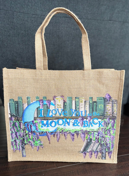 To the Moon & Back - Painting on UpcycledJute Bag