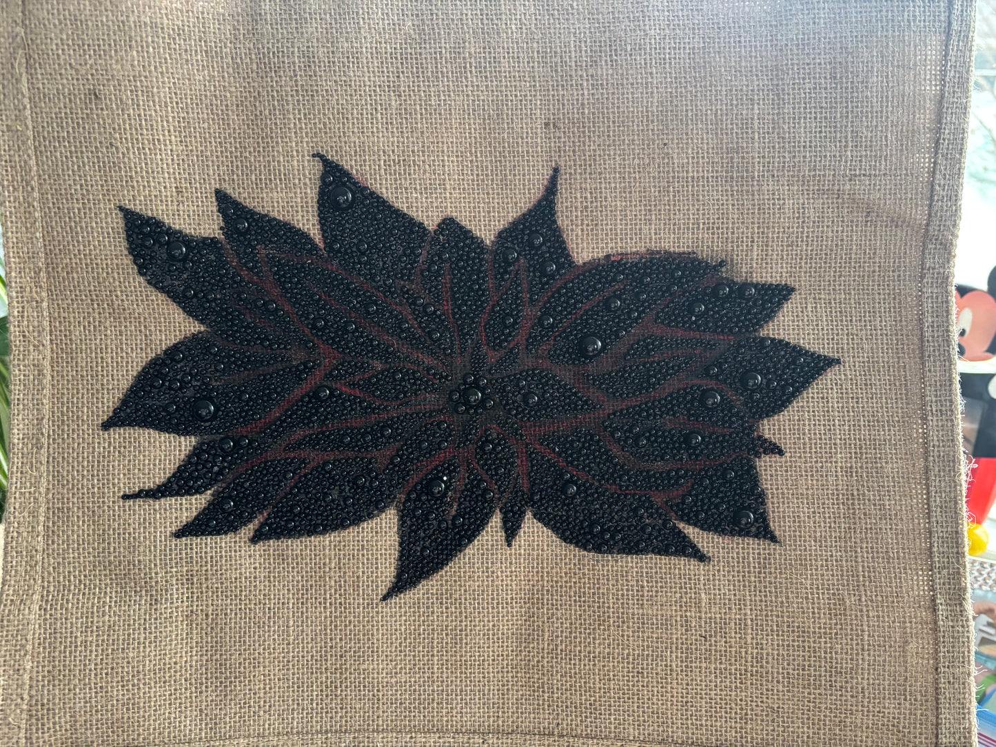 Black Pearls - hand made stylish design on Upcycled Jute bag. Valentine Gift