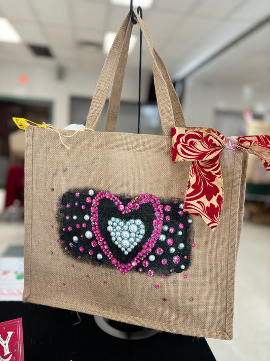 Pearly Heart Hand Painted Upcycled Jute bag - Unique Valentine Gift
