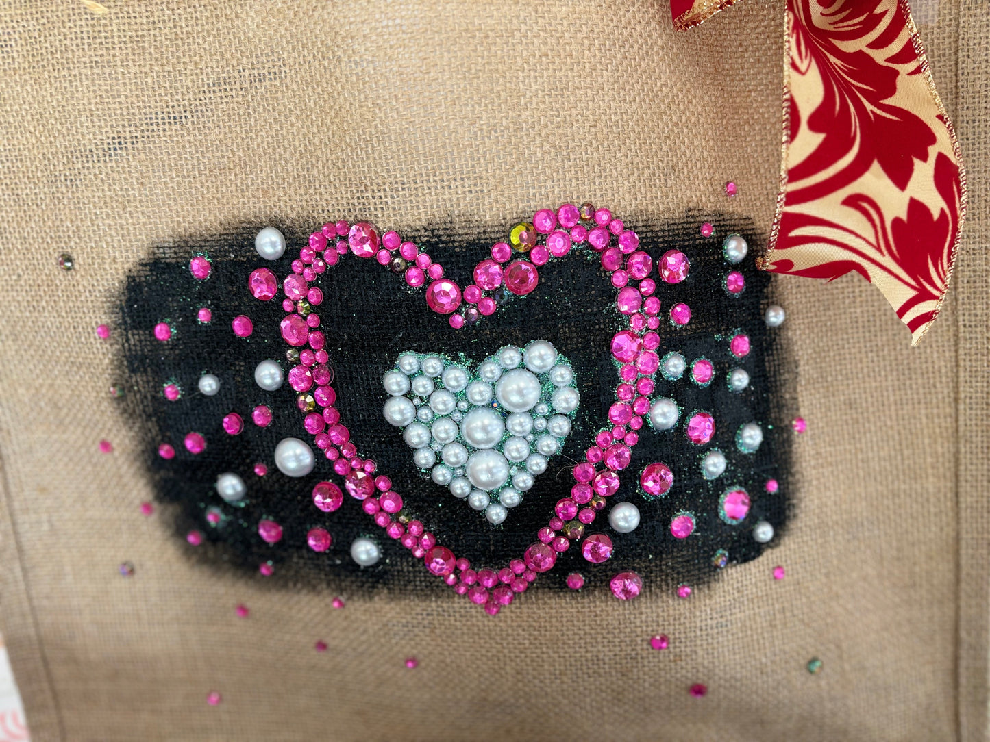 Pearly Heart Hand Painted Upcycled Jute bag - Unique Valentine Gift