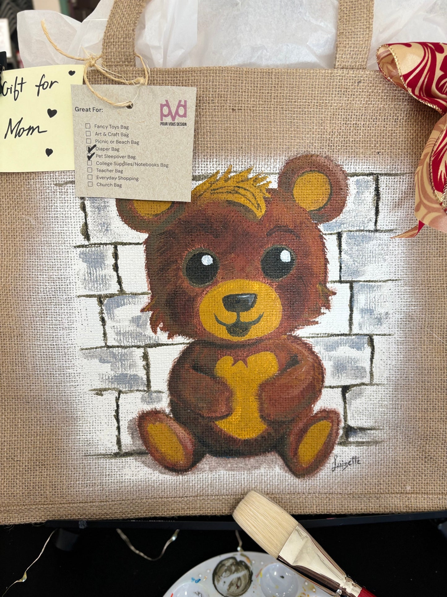 Teddy Bear Sleepover Bag - Upcycled Hand Painted Bag - Hot Holiday Gift